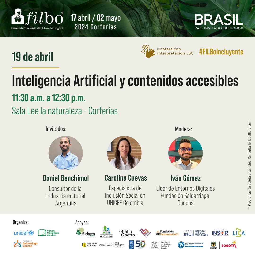 ¡Te esperamos este viernes 19 de abril en el encuentro 'Inteligencia Artificial y contenidos Accesibles', organizado junto con @UNICEFColombia y @CamLibro! Descubre cómo la inteligencia artificial está transformando la manera en que accedemos a los libros. 🌟📚 #FILBoIncluyente