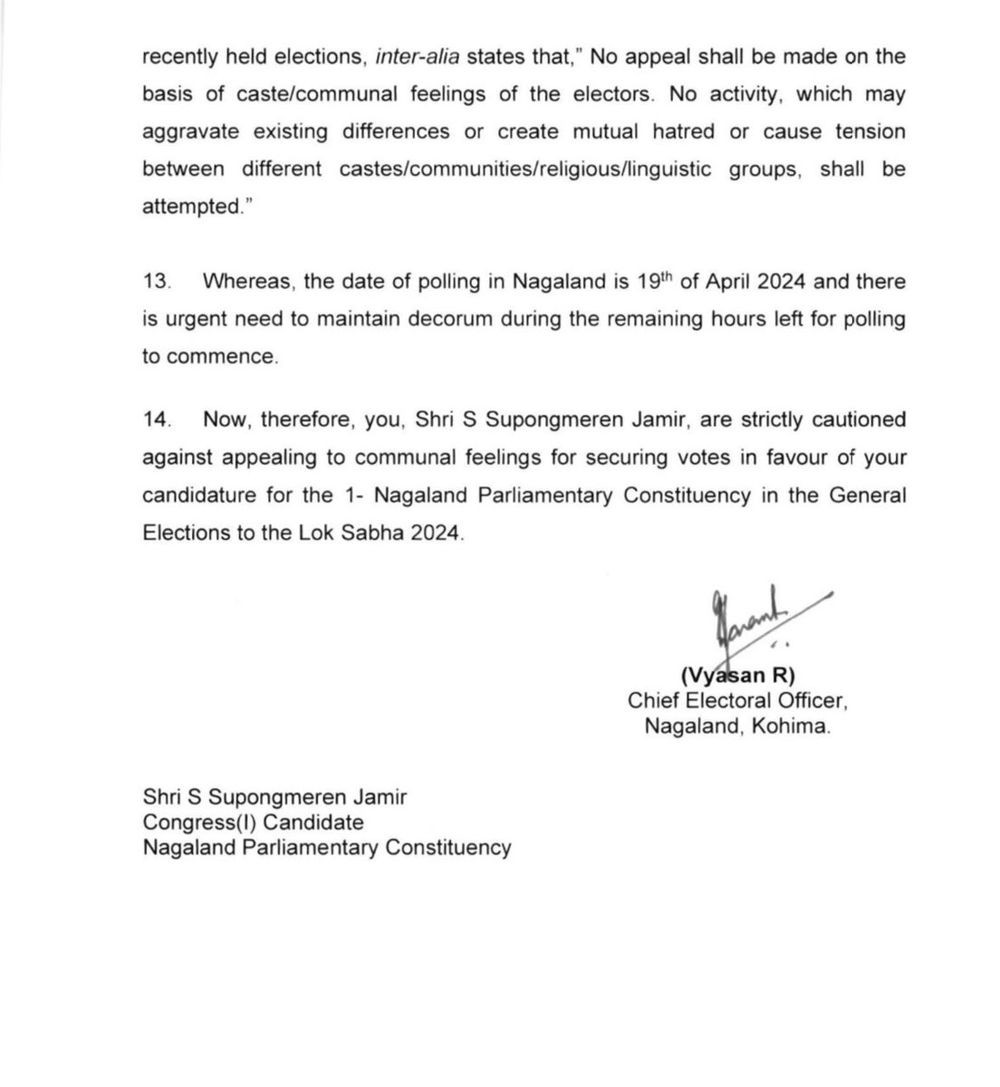 This is what the Congress gets for using derogatory communal hate speeches on religious lines. ECI notice to Congress candidate Shri Supongmeren Jamir.