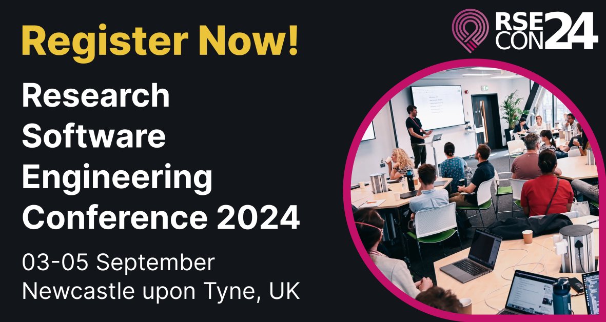 🎉 Registration for #RSECon24 is now open! 🎉 Join us in Newcastle and online for the eighth annual Research Software Engineering Conference, 03-05 September 2024. Register here: rsecon24.society-rse.org/registration/ 💰 Don't forget the 10% discount for SocRSE members!