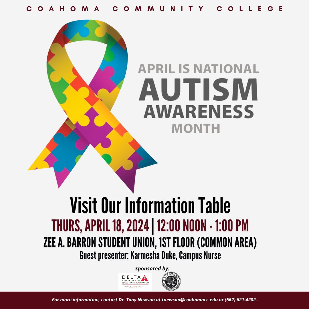 April is National Autism Awareness Month. Come by the Zee A. Barron Student Union and learn more information about autism.