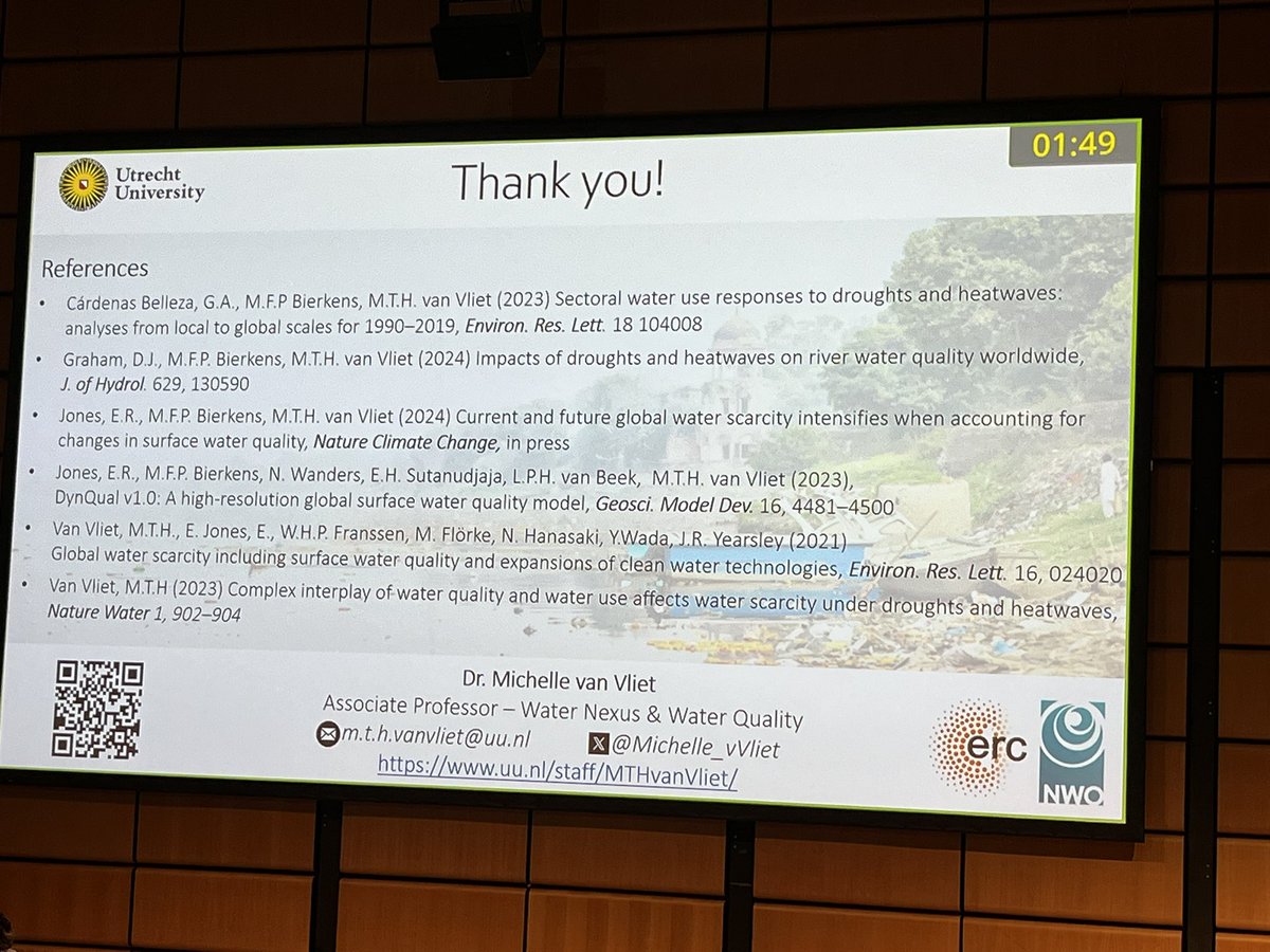 Impressive overview talk given by @Michelle_vVliet of @UU_PhysGeog @EGU_HS 2024 about the interplay of water quality and water scarcity under extremes.