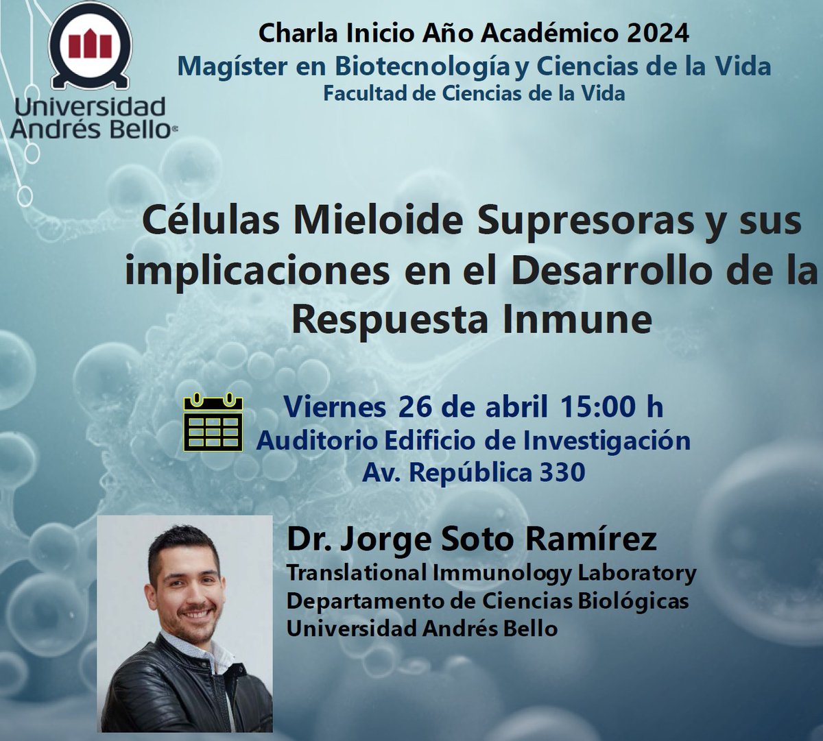 Doctorado en Biotecnología UNAB (@docbiotec_unab) on Twitter photo Los invito cordialmente a la charla de inicio del año académico del Magíster en Biotecnología y Ciencias de la Vida UNAB. El Magíster está muy bien articulado con nuestro Doctorado en Biotecnología. Los invito a asistir a esta charla abierta a la comunidad.
<a href="/Vrid_Unab/">Investigación UNAB</a> Los invito cordialmente a la charla de inicio del año académico del Magíster en Biotecnología y Ciencias de la Vida UNAB. El Magíster está muy bien articulado con nuestro Doctorado en Biotecnología. Los invito a asistir a esta charla abierta a la comunidad.
<a href="/Vrid_Unab/">Investigación UNAB</a>