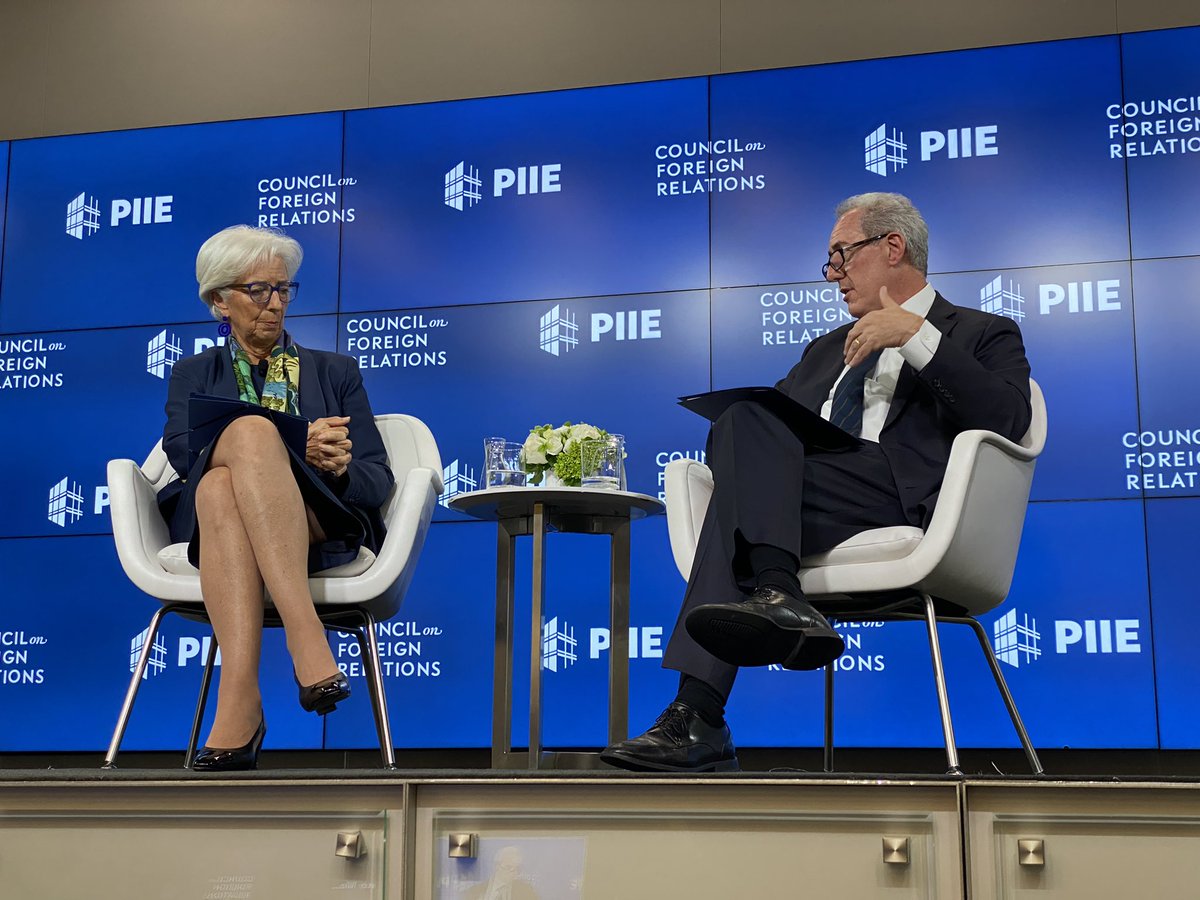 Yesterday at the @PIIE @CFR_org event President @Lagarde said three important things: (i) In response to a question by @AdamPosen she stated that the @ecb doesn’t target exchange rates “but looks at it a lot”.