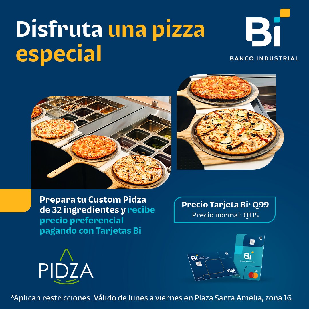 ¿Listo para armar la pizza de tus sueños? Crea tu pizza con 32 ingredientes diferentes y disfruta tu obra maestra en PIDZA. Paga con tus #TarjetasBi y recibe precio preferencial. *Aplican restricciones #ExperienciasBi #JuntosSiempreHaciaAdelante