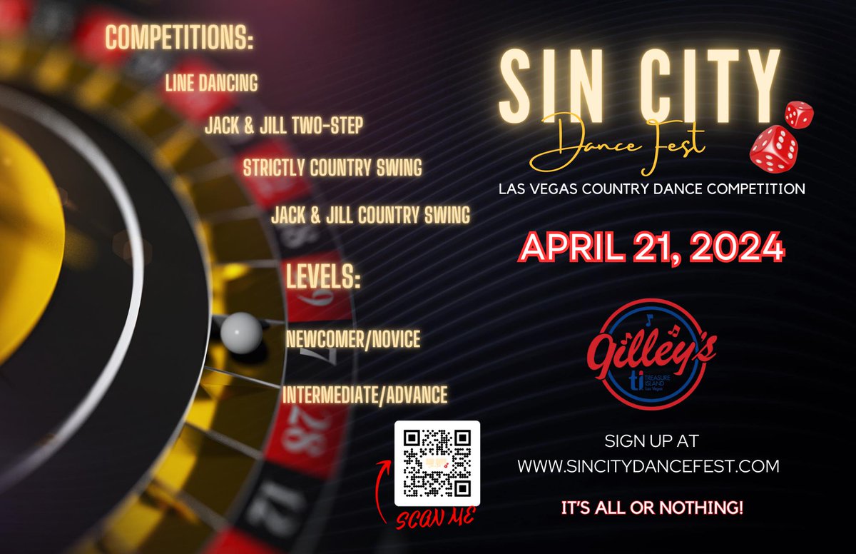 It's time to kick up some dust! The Sin City Dance Fest country dance competition is this Sunday, 4/21, @ 4PM. Registration opens at 1PM. #linedancing #countryswing #dancecompetition #twostep #gilleyslasvegas