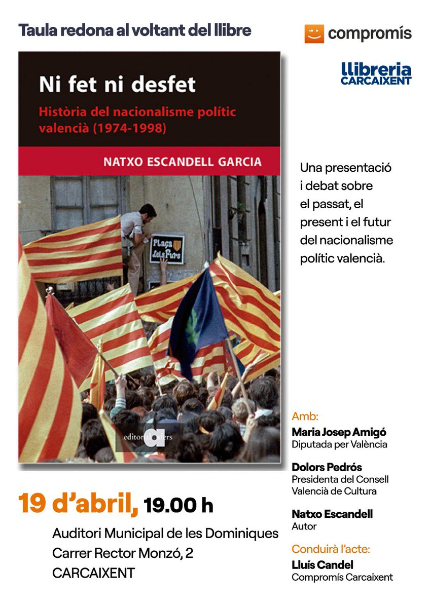 Açò és demà divendres. A casa, amb la meua gent. Qui anava a dir-m’ho a mi quan fa 25 anys jugava a l’escampat de davant de casa? Ens veiem a les 19h a l’Auditori de Carcaixent per presentar “Ni fet ni desfet. Història del nacionalisme polític valencià (1974-1998)”. ♥️