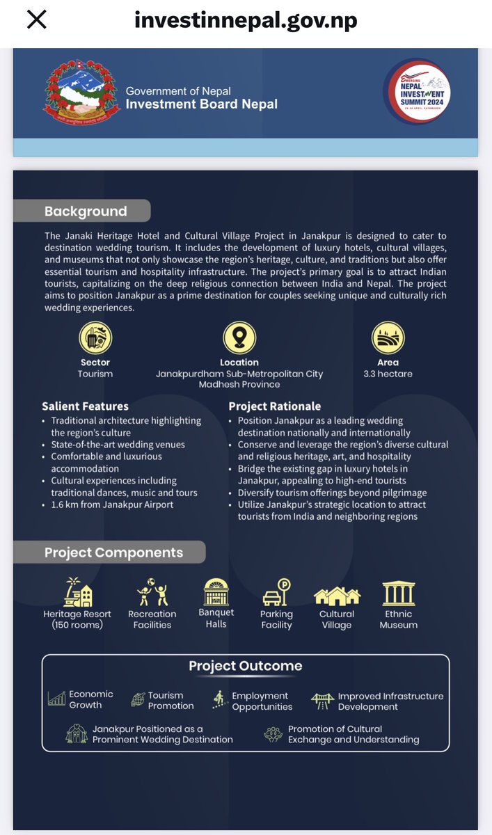 NavitaSrikant's tweet photo. #Nepal #JanakiHeritage #InvestmentProposal #NIS2024 
Delighted to share that Investment Proposal “Janaki Heritage Hotel and Cultural Village” will be showcased during upcoming Nepal Investment Summit 2024. Rama-Sita Vivaah (marriage) tradition, significance and destination has been promoted under it.  
Kudos @IBNOffice 👏🏻👏🏻
During Nepal Pre Investment Summit held in Delhi on 11 April 2024, during my intervention I urged Nepal to also prioritise cultural projects which not only boost tourism and economy but also help in preservation of culture and traditions. I reiterated the success story of #AyodhyaDevelopment and 
Was pleased with dedication and response of Mr Sushil Bhatta ji, CEO IBN who responded affirmatively that there is one such project which will attract travellers on #RamayanCircuit as well foreigners attracted to the shared civilizational culture and traditions between #Nepal-#India. 

@investinnepal19 @IBNCEO @mofnepal 
@ficci_india @FollowCII @suraj_vaidya14 @phdcci @IndiaInNepal @in_birgunj @DrShankarSharma @EONIndia @manishjhanepal 

P.c. @IBNOffice