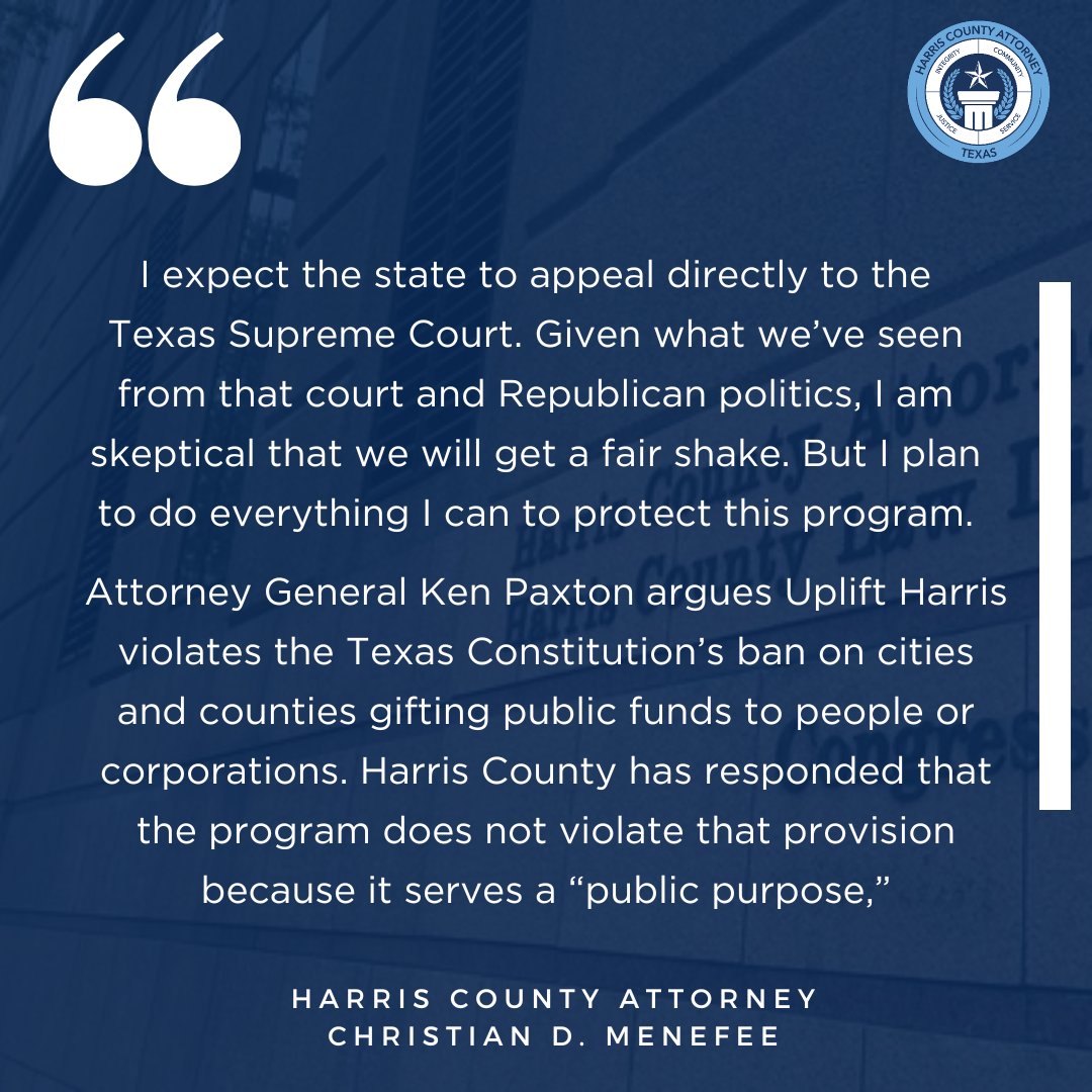 JUST IN: Harris County Attorney @CDMenefee released a statement in response to the 165th Harris County District Court denying Attorney General Ken Paxton's attempt to block the guaranteed basic income program Uplift Harris. 🔗cao.harriscountytx.gov/Connect/Newsro… #HarrisCounty #HouNews