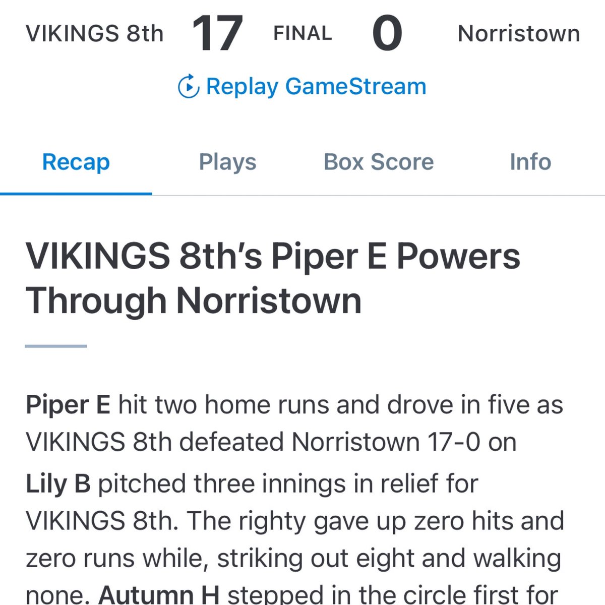 CoachLeighBCF's tweet photo. Did it again! 2028 Piper Edge hits two homers and drives in 5 for Upper Merion Middle School. Lily Beyer chucked three perfect innings in relief with 8Ks and a pop-out to Edge at SS! https://t.co/a8Uc8jBaVM