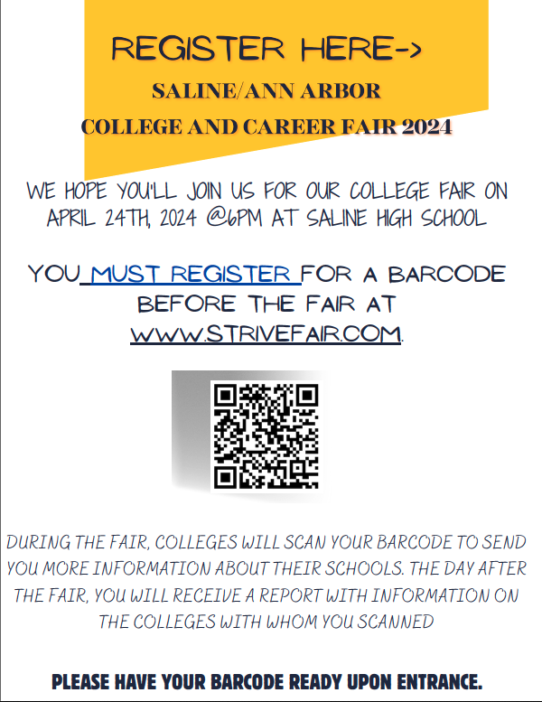 Join us for the Saline/Ann Arbor 2023-24 College &amp; Career Fair held on 4/24 from 6-7:30pm at Saline High School