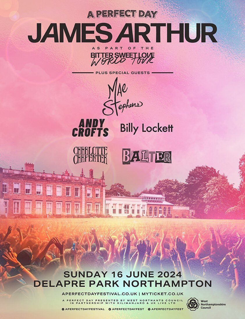 .@APerfectDayfest will be in grounds of @DelapreAbbey on Sunday 16th June Headlining will be @JamesArthur23 with support from local music talent including @mae_stephens_, Balter, @ccarpentermusic, @andyjcrofts and @billylockett 🎫 Tickets: buff.ly/3vT9QNh