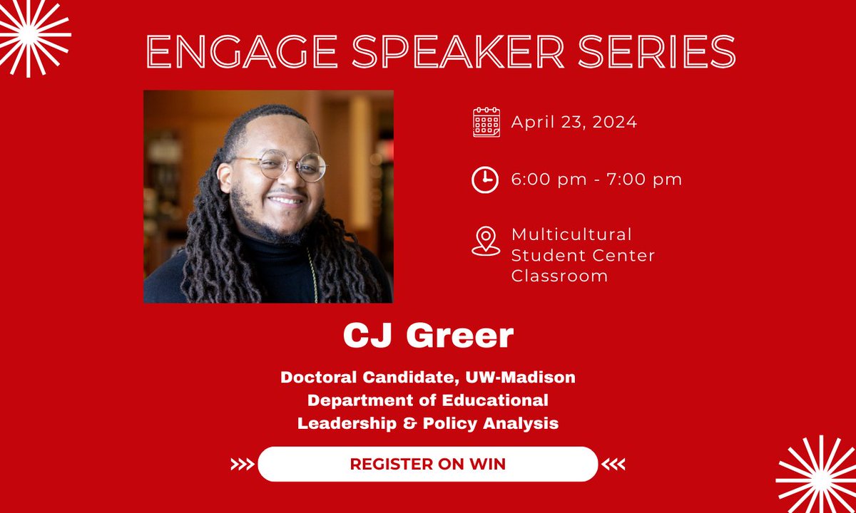 This Tuesday (4/23) from 6:00 - 7:00pm, ELPA PhD Candidate, @cdgreer_, will be sharing his research & leadership experiences hosted by the UW Center for Leadership & Involvement Engage Speaker series. There will be light refreshments provided!