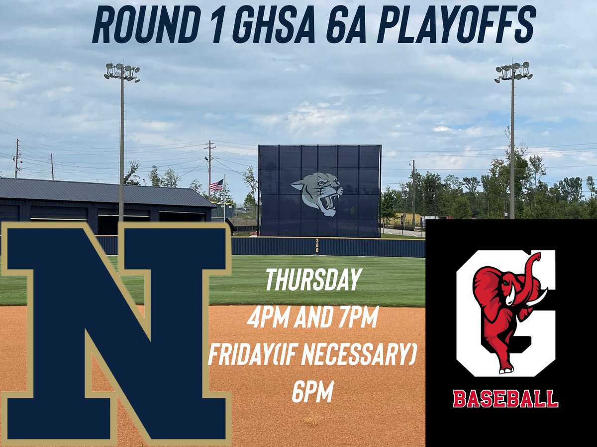 Game times are set for Round 1 vs a very good @RedElephant_BSB team from Region 8 @NewnanSTRENGTH @NewnanATMed @NewnanAthletics @OfficialGHSA @TheCoachesBoxGA @PrepBaseballGA