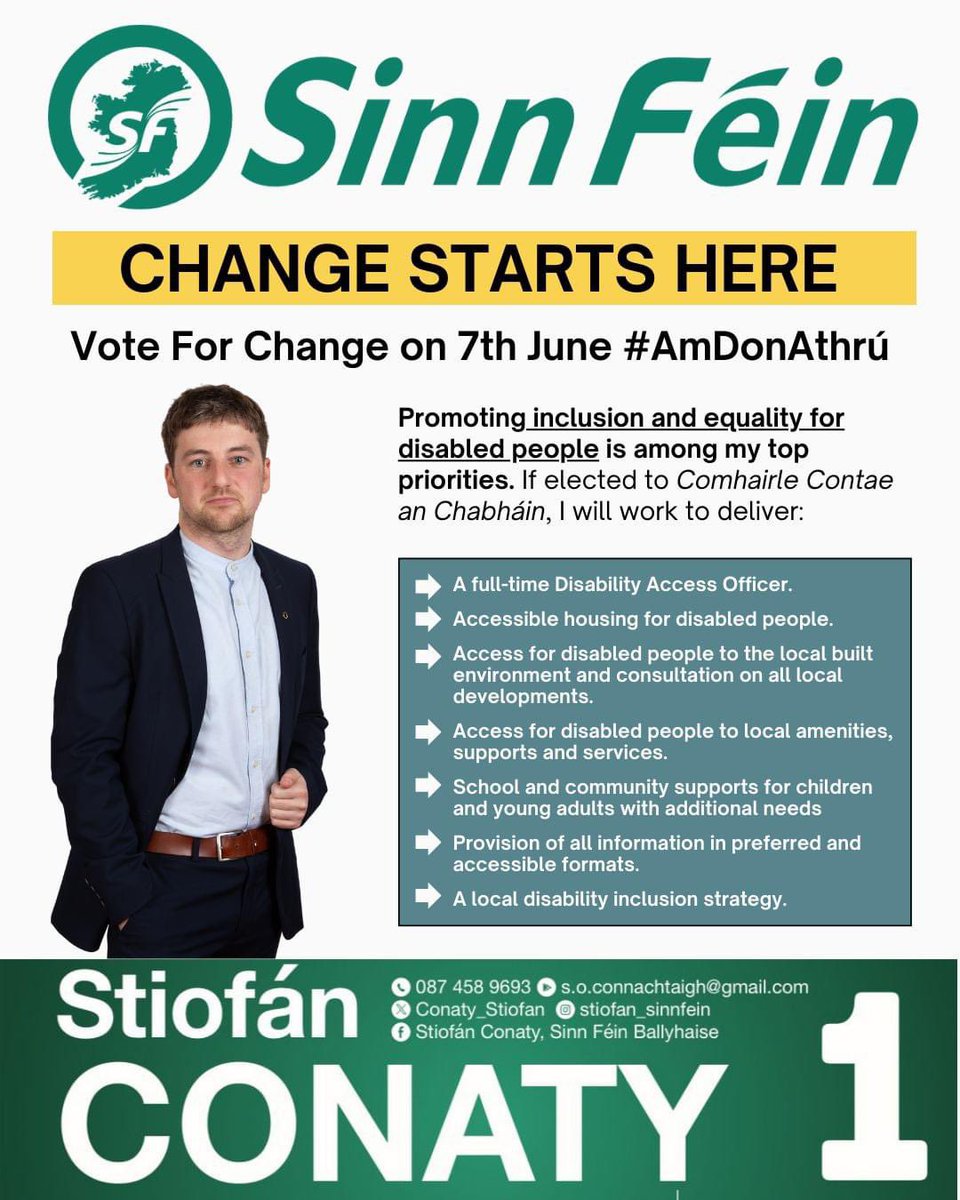 Promoting inclusion and equality for disabled people is among my top priorities. Vote for change on 7th June #LE24

#VótáilSinnFéin #ChangeStartsHere #AmDonAthrú #TimeForChange