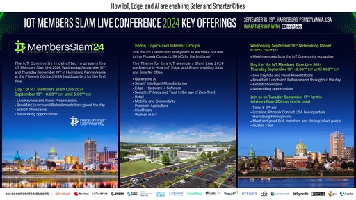 The #IoTCommunity is thrilled to present the Inaugural Members Slam Live 2024, our 28th IoT Slam branded conference, at @PhoenixContact US headquarters, Harrisburg, PA, USA & Broadcast Online. Join us on September 18th & 19th. iotslam.com/iot-community-… #IoTSlam #IoT #MembersSlam