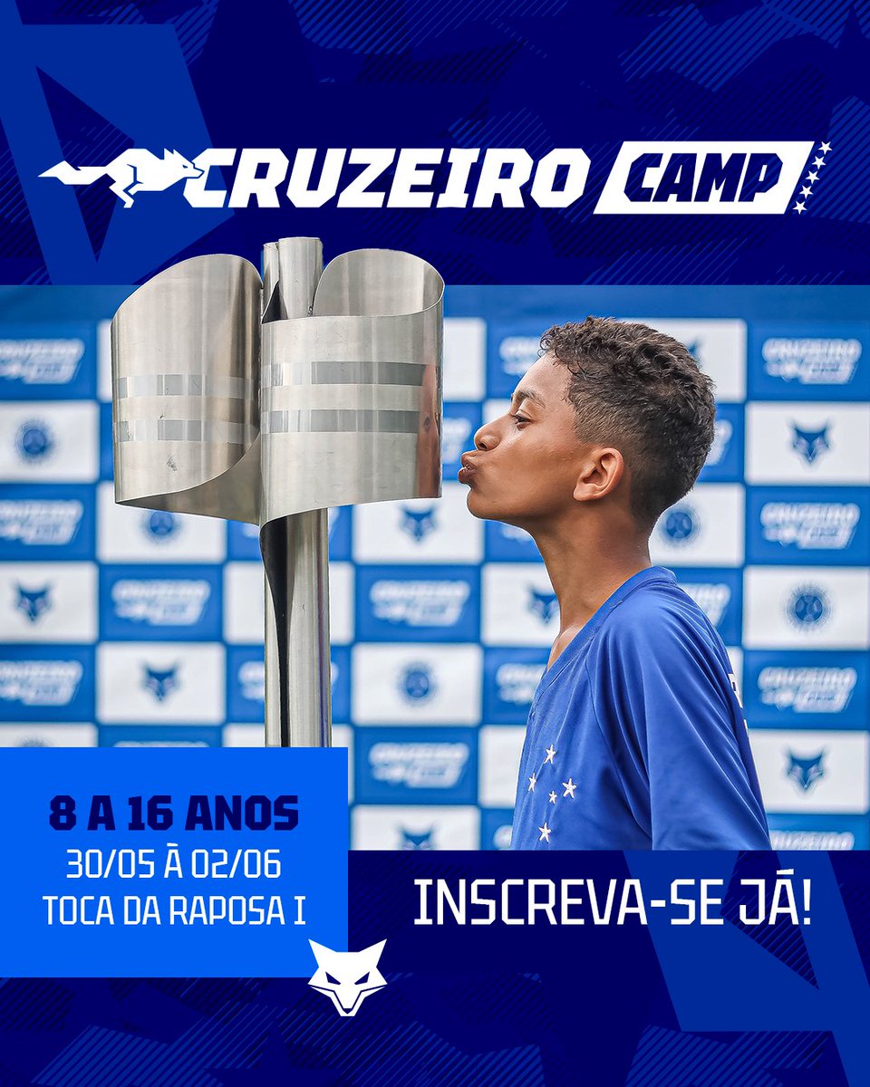 Participe do Cruzeiro Camp! Quatro dias de imersão no futebol, na Toca da Raposa 1, entre os dias 30 de maio a 2 de junho. 🏃O Camp é feito para jovens de 8 a 16 anos que desejam ter a experiência de um jogador. Inscreva-se: sympla.com.br/evento/cruzeir…