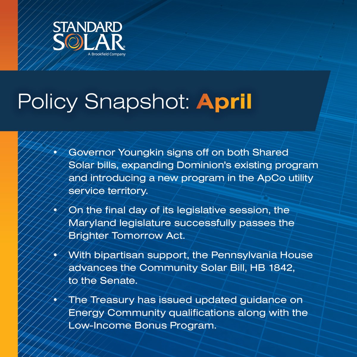 The April Policy Snapshot is out! We touch on positive developments in Maryland, Pennsylvania, Virginia and at the Treasury. Take a look. 

#PoweringTheEnergyTransformation #communitysolar #commercialsolar #assetacquisition