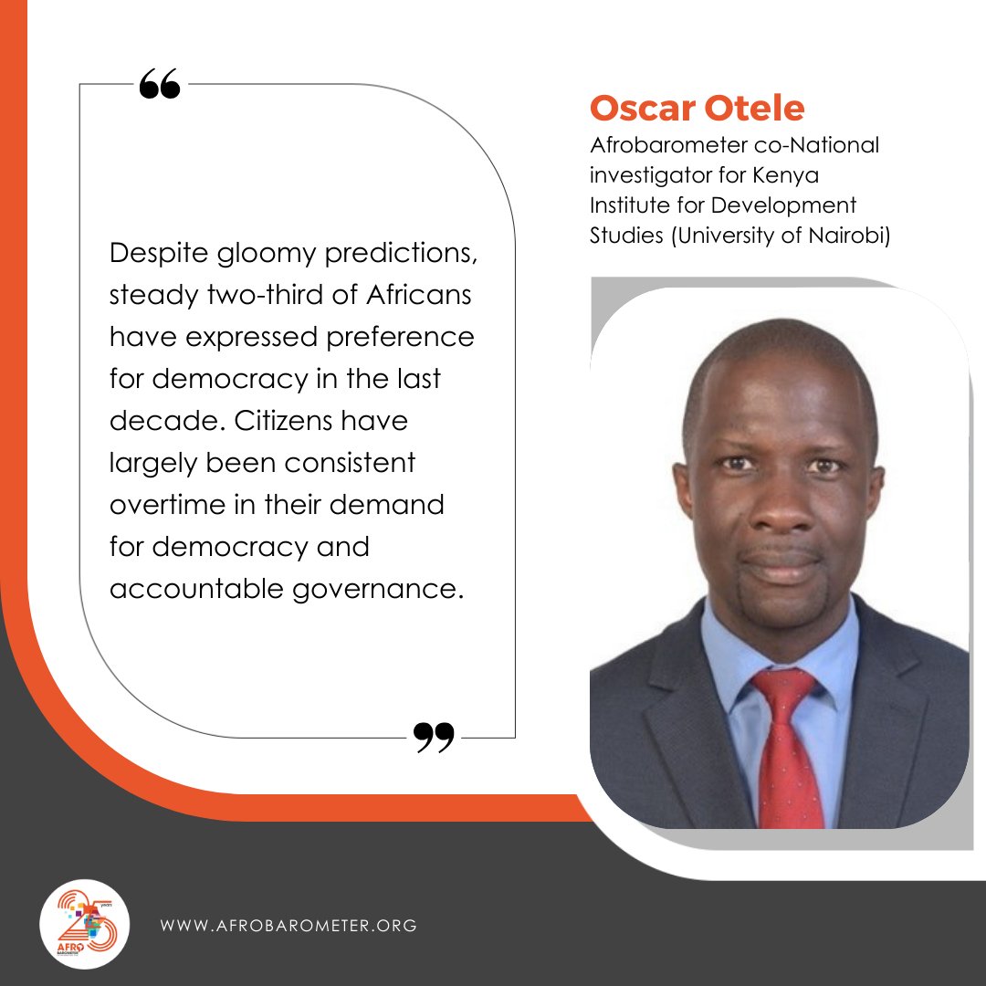 (3/5) Sharing insights from Afrobarometer surveys , the co-national investigator for Kenya based at @IDS_UONBI, Oscar Otele, notes that Africans' support for democratic governance have remained remarkably steadfast over time.

#VoicesAfrica #AfrobarometerAt25