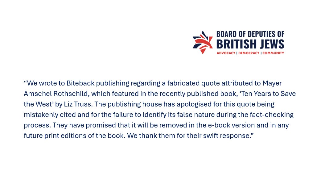 We have written to Biteback publishing regarding a fabricated quote, attributed to Mayer Amschel Rothschild, being used in 'Ten Years to Save the West'. They have apologised and have promised it will be removed for the e-book & any future print editions. Full quote here ⬇️