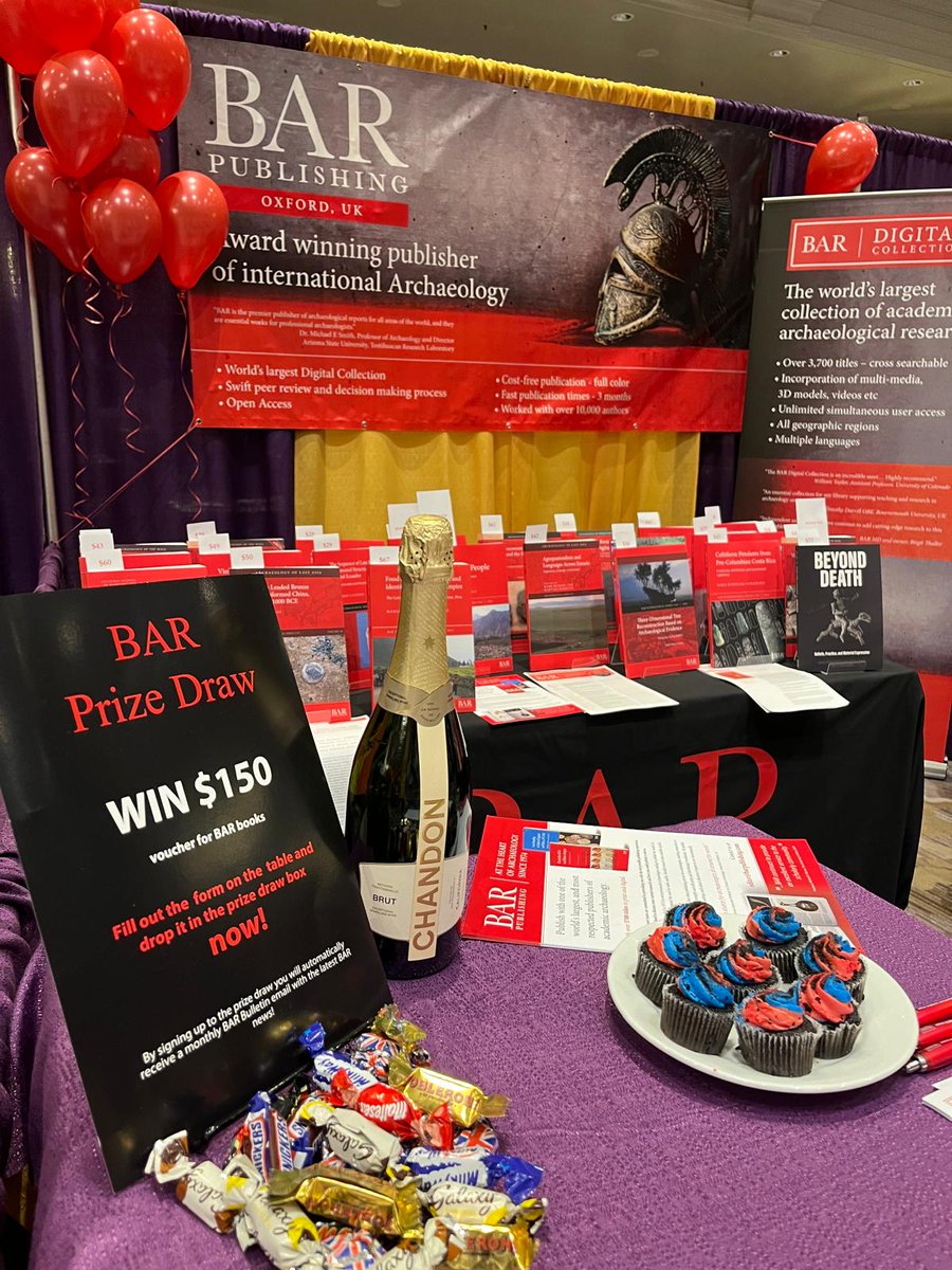 BAR_Publishing's tweet photo. Come join us at the @SAAorg exhibition hall for a very special 50th anniversary edition book stand! BAR was founded in 1974, so we thought some balloons and cupcakes were required to match the occasion  🎈📚🎈  #SAA2024NOLA https://t.co/V8dxeQ2htA