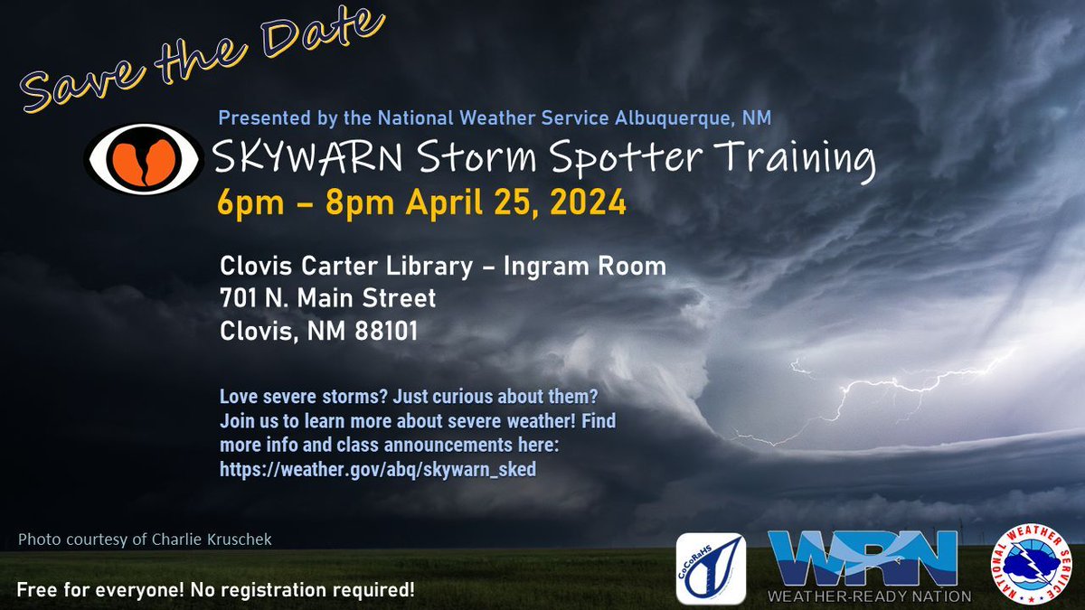 We'll be at the Clovis Carter Library in one week for a SKYWARN Spotter Training Presentation! If you're in Clovis, Portales, or anywhere else nearby, please join us! #nmwx