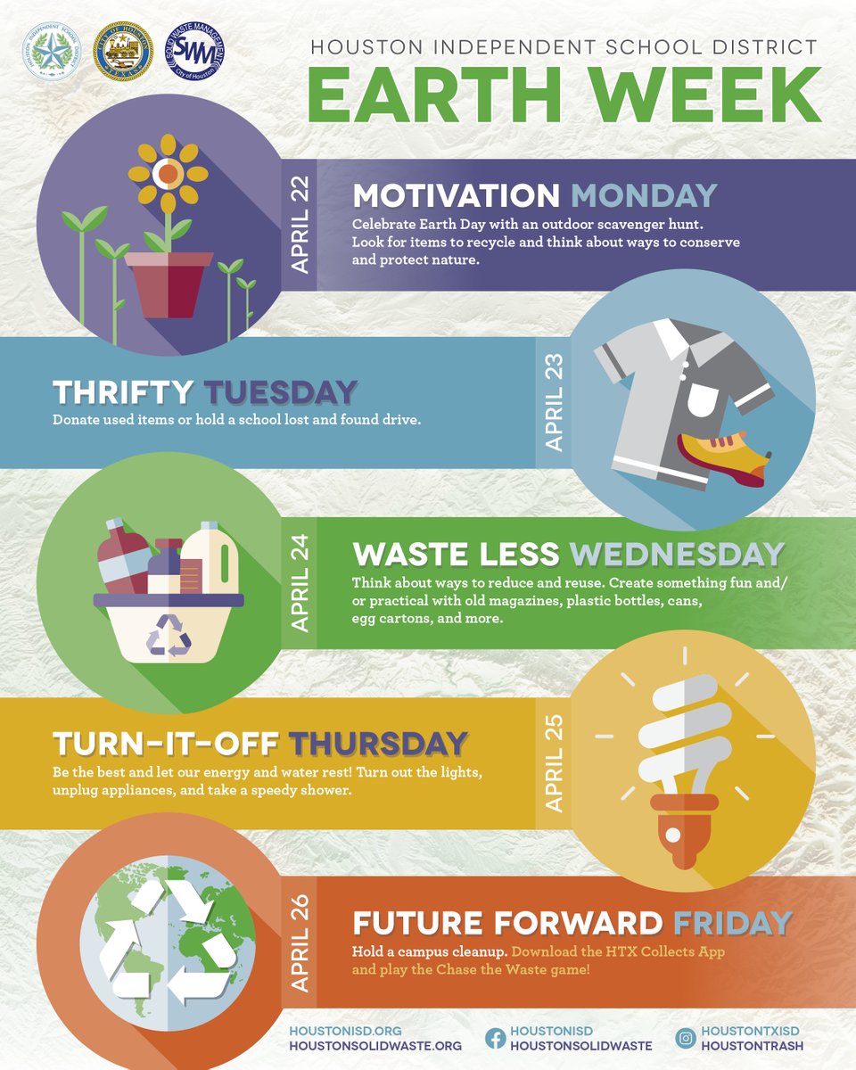 ♻️ 🌎 HISD Community: Join us in partnership with @HoustonTX as we celebrate Earth Week 2024 on Monday, April 22, through Friday, April 26. Learn how you can participate in our sustainability efforts throughout the week.