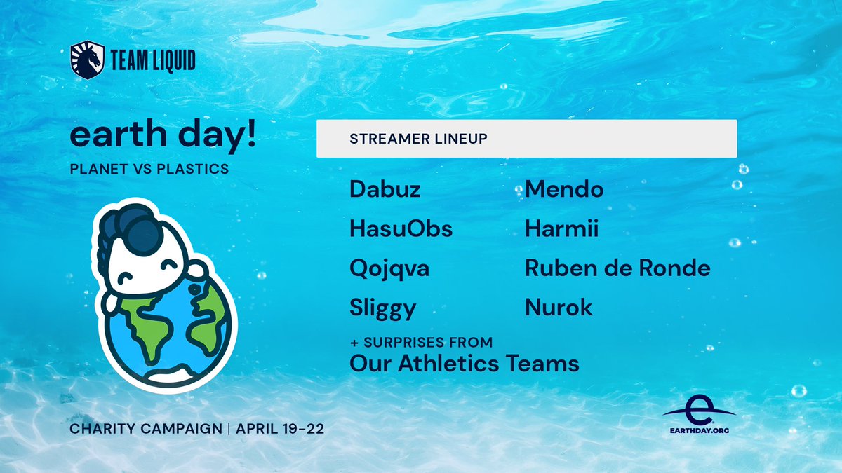 This Earth Day, we're rallying behind ocean conservation efforts!🌊🐟 Join our talent in their streams, donate, and support the cause. Team Liquid will match all donations up to 5000$💙 Let's turn the tide on plastic pollution together. 🌏Donate now: tl.gg/earthday