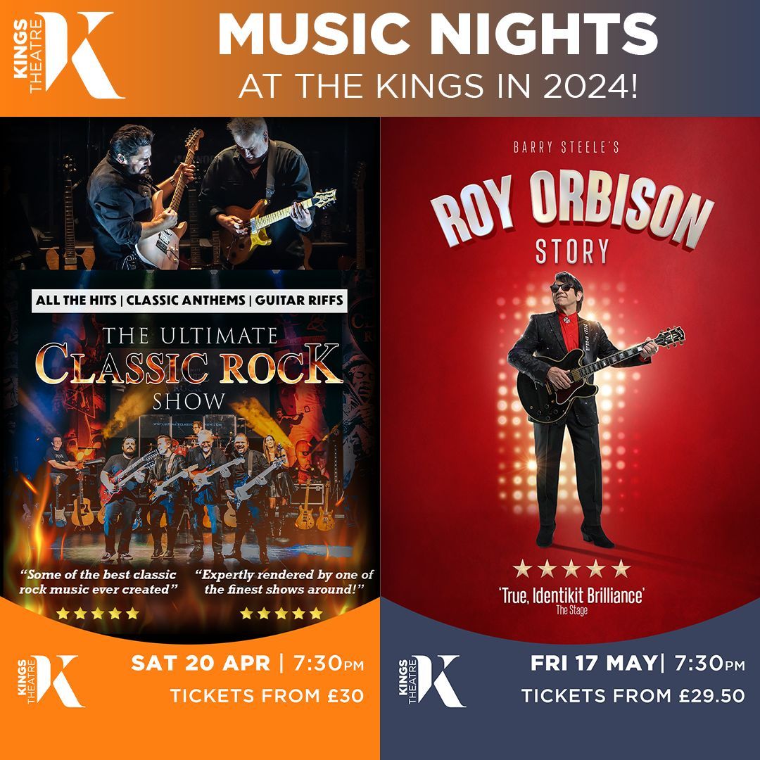 Music Nights at The Kings in 2024! The Ultimate Classic Rock Show 📅 Sat 20 Apr | 7:30pm 🎟️ Tickets from £30 ➡️ buff.ly/3U4tUEs Barry Steele's Roy Orbison Story 📅 Fri 17 May | 7:30pm 🎟️ Tickets from £29.50 ➡️ buff.ly/3xlIEHr