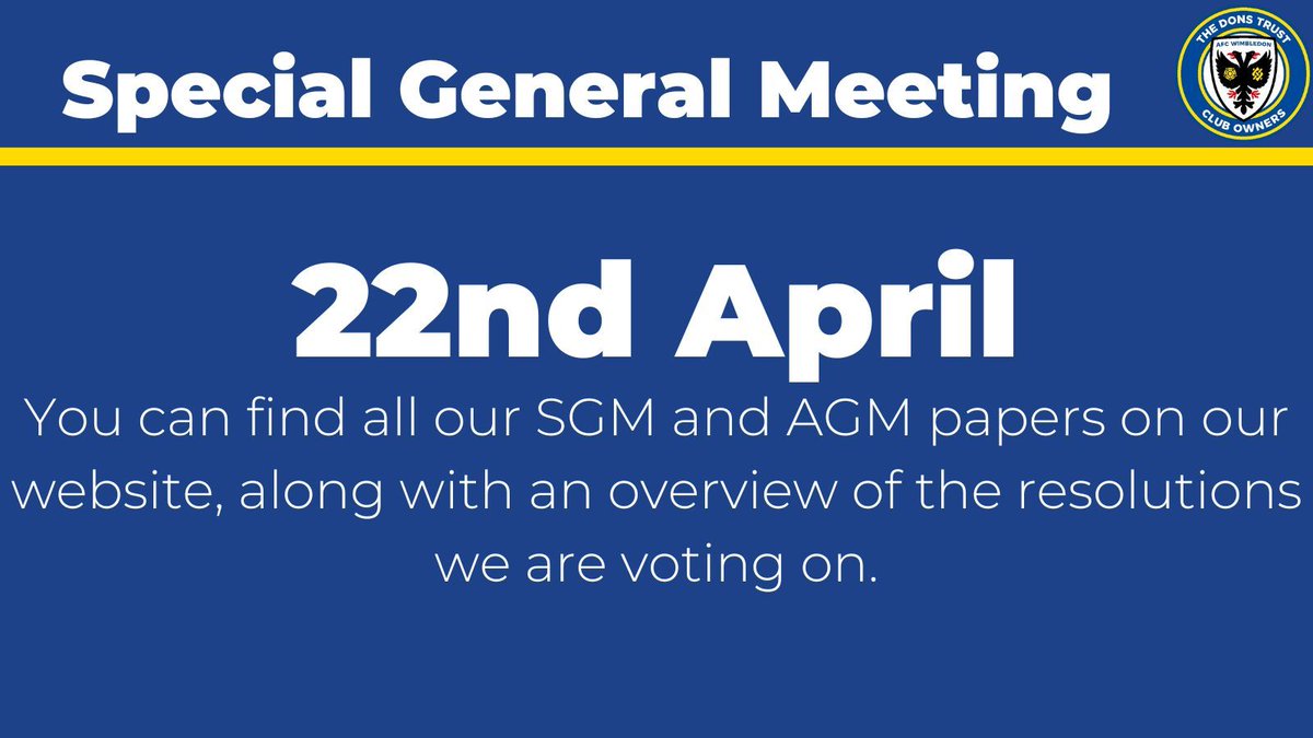 Our SGM is on Monday, with resolutions focused on some changes to bring us in line with the Companies Act (2006) and controls to safeguard fan ownership Members can vote online in advance of the meeting, or online or in person on the night. buff.ly/3xtYkIp