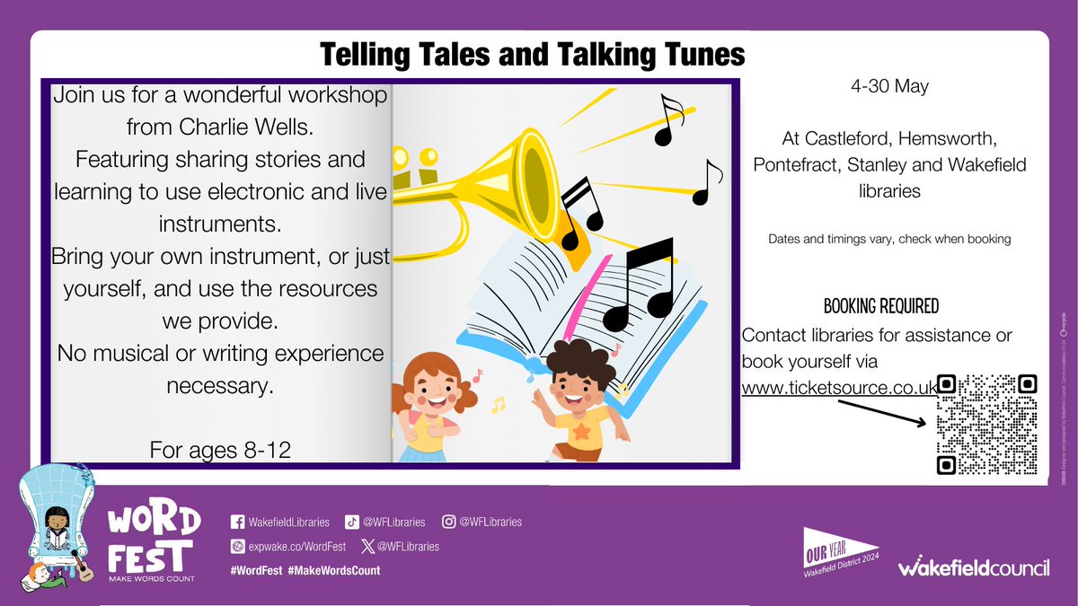 Join us for ‘Telling Tales and Talking Tunes’, a musical workshop from Charlie Wells. 📅⏰dates and time vary, check when booking 📍Castleford, Hemsworth, Pontefract, Stanley and Wakefield libraries Book at ticketsource.co.uk/whats-on?q=tel… @ouryear2024 @sparkwakefield @wakeymumbler