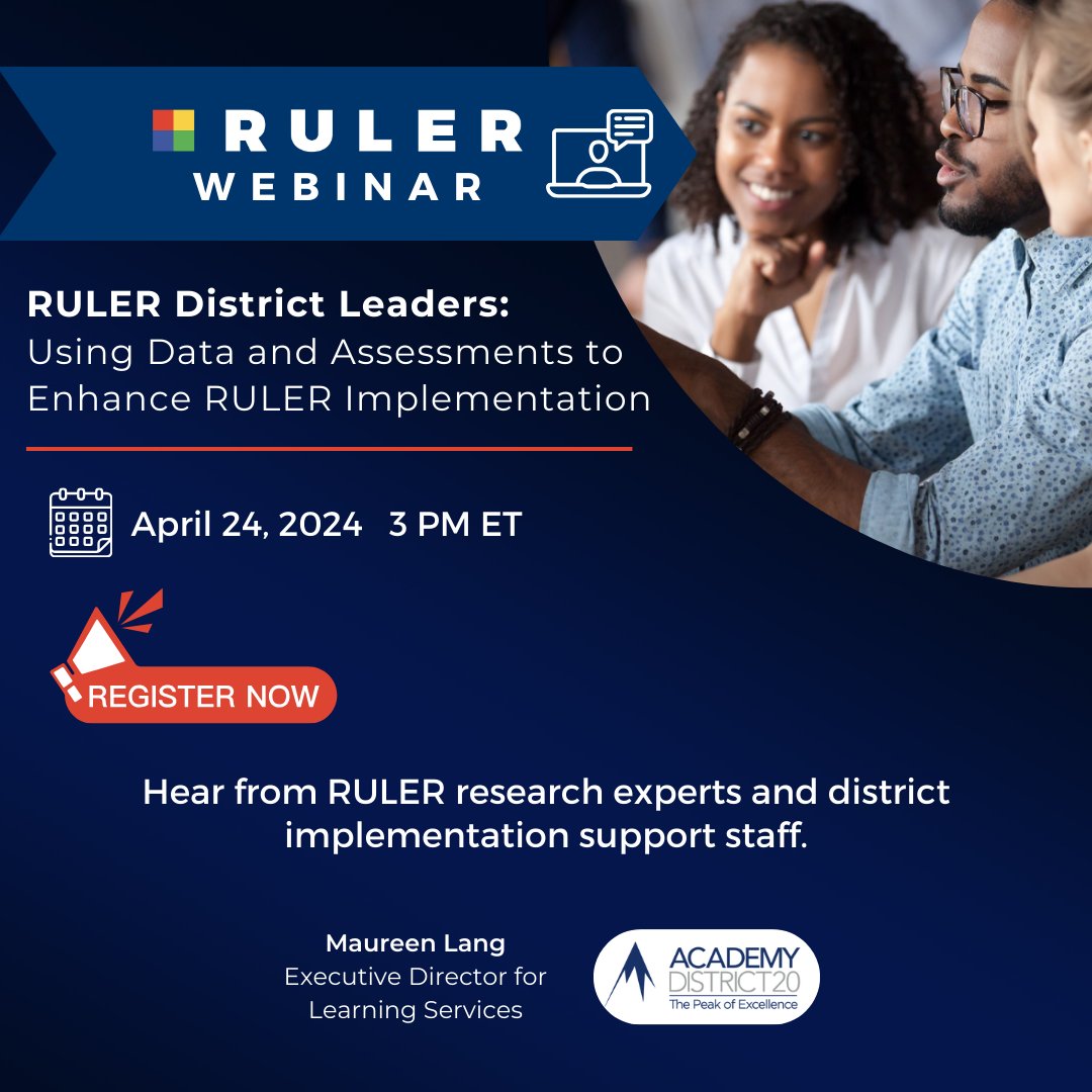 Join us on 4/24, 3:00 PM ET, to explore how school & district data, coupled with assessments, can support your district’s RULER implementation goals. Hear from Maureen Lang of @AcademyD20 & discover the power of data-driven RULER implementation! ruler.online/announcements