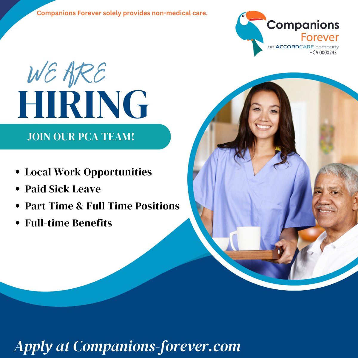 Join Companions Forever ! Calling all #PCAs committed to exceptional care. Make a meaningful impact – join us today! #CaregiverJobs #ConnecticutJobs #JoinOurTeam #HiringCaregivers #HomeCare #CTCaregivers #Newingtonhealthcare