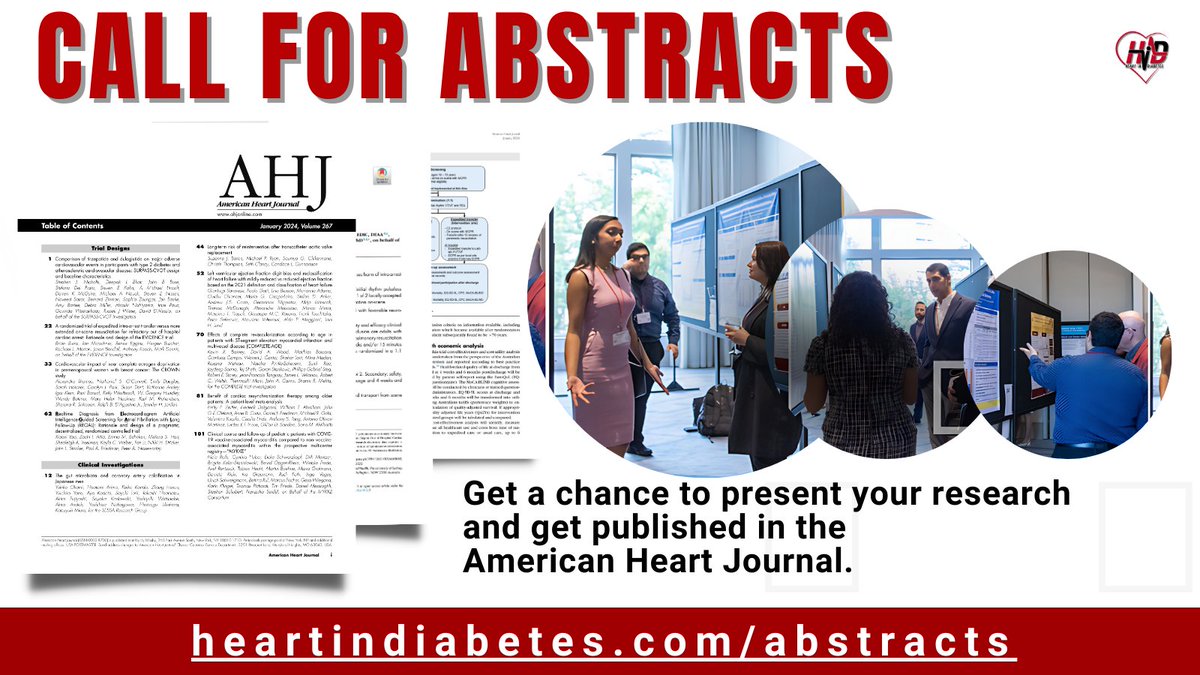 The 8th HiD #CME Conference is still accepting #Abstract submissions until May 1st, 2024. Top Abstracts will get the opportunity to present, be published, and win awards and cash prizes! #HID2024 Learn more at heartindiabetes.com/abstracts @CardiologyToday @American_Heart