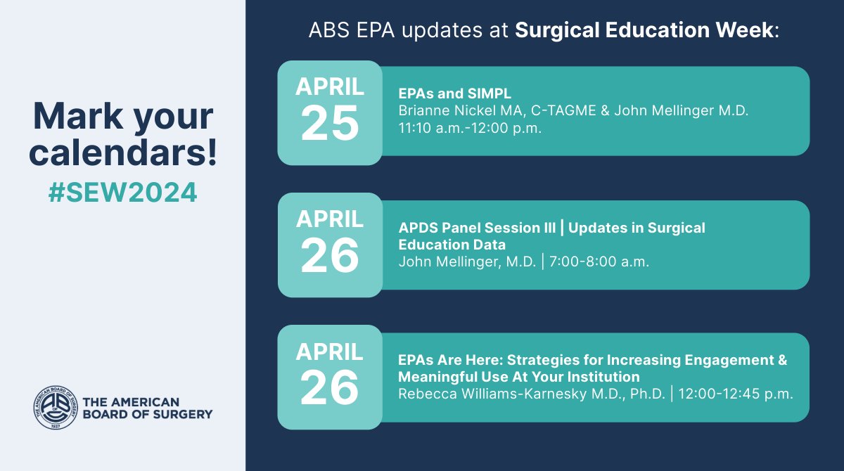 We are looking forward to seeing you next week at Surgical Education Week! This year, #EPAs are front & center - don't miss the ABS-presented sessions for updates on the progress of the #ABSEPAProject! #APDS24 #SEW2024 @APDSurgery @ARASurgery @Surg_Education