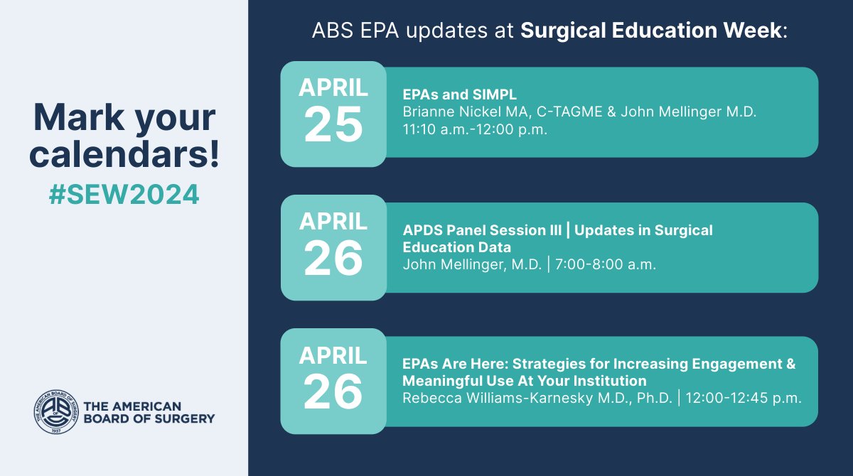 American Board of Surgery (@ambdsurg) on Twitter photo We are looking forward to seeing you next week at Surgical Education Week!
This year, #EPAs are front & center - don't miss the ABS-presented sessions for updates on the progress of the #ABSEPAProject!
#APDS24 #SEW2024 <a href="/APDSurgery/">APDS surgery</a> <a href="/ARASurgery/">Association of Residency Administrators in Surgery</a> <a href="/Surg_Education/">Association for Surgical Education</a> We are looking forward to seeing you next week at Surgical Education Week!
This year, #EPAs are front & center - don't miss the ABS-presented sessions for updates on the progress of the #ABSEPAProject!
#APDS24 #SEW2024 <a href="/APDSurgery/">APDS surgery</a> <a href="/ARASurgery/">Association of Residency Administrators in Surgery</a> <a href="/Surg_Education/">Association for Surgical Education</a>