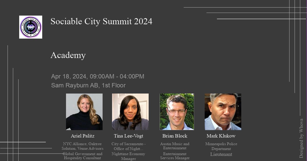 What does it take to have a #SafeVibrantNightlife and #SociableCity? Hear from #RHIacademy24 speakers: <a href="/ArielPalitz/">Ariel Palitz</a>, Founding Dir. NYC Mayors Office of Nightlife <a href="/MadeinNY/">NYC Mayor's Office of Media & Entertainment</a>; <a href="/TinaLeeVogt/">Tina Lee-Vogt</a> <a href="/TheCityofSac/">City of Sacramento</a>; <a href="/MarkKlukow/">Mark Klukow</a>, Lt <a href="/CityMinneapolis/">City of Minneapolis</a> PD; Brian Block <a href="/bbinatx/">Brian Block</a>, Austin #RHIsummit24