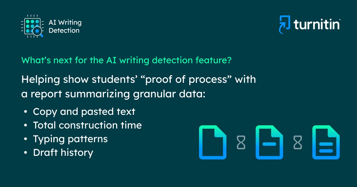 You may be asking yourself, what's next for the #AIWriting detection feature? Turnitin will strive to help students show proof of process and support educators and institutions to have discussions with students regarding acceptable uses of AI writing. ow.ly/SN8G50RizBz
