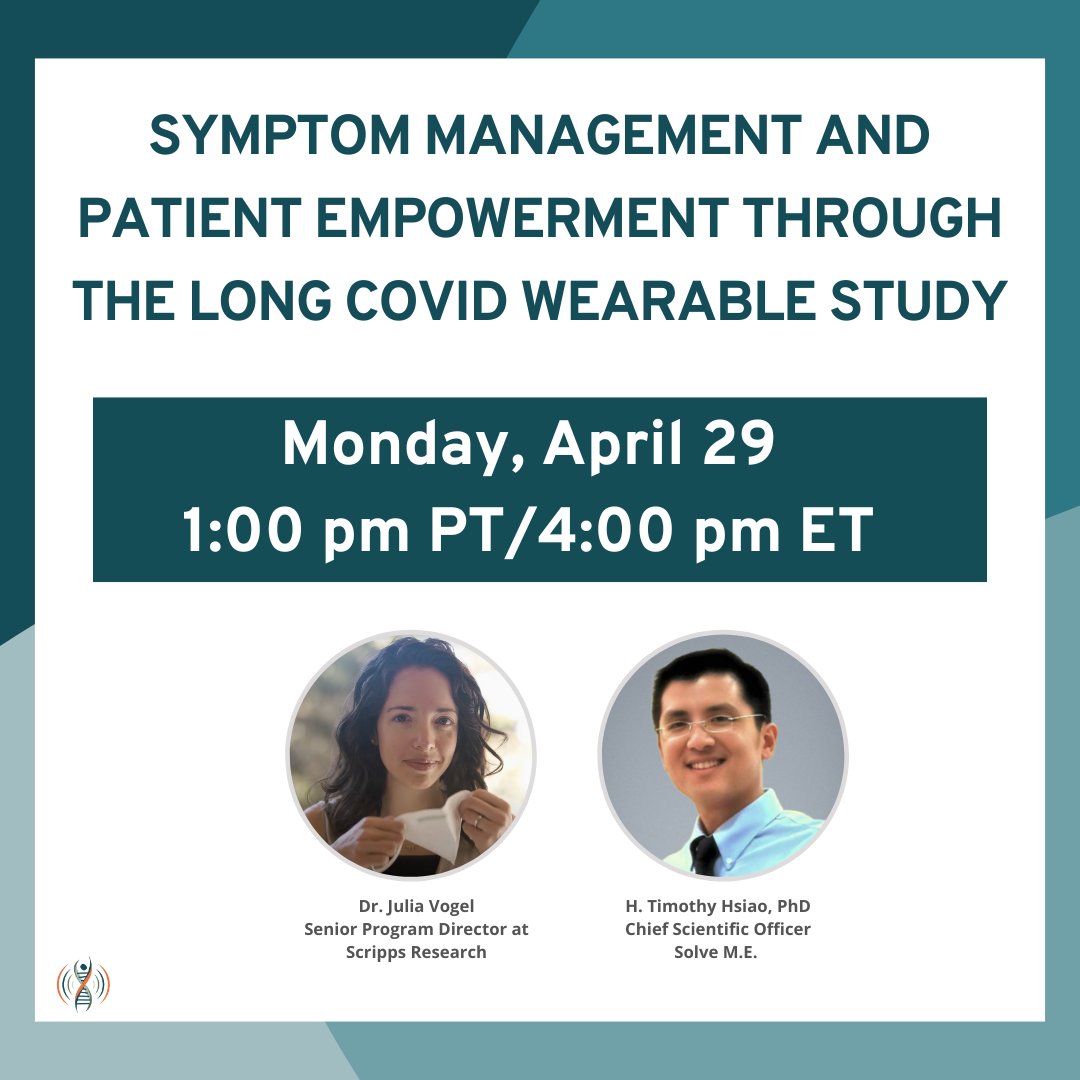 Sign up for our Apr. 29 webinar 'Symptom Management and Patient Empowerment Through the #LongCovid Wearable Study.' @scrippsresearch Sr. Program Dir. @julialmv will explain how you can join the study using your #SolveTogether account. Register: ow.ly/eevN50RbU7u