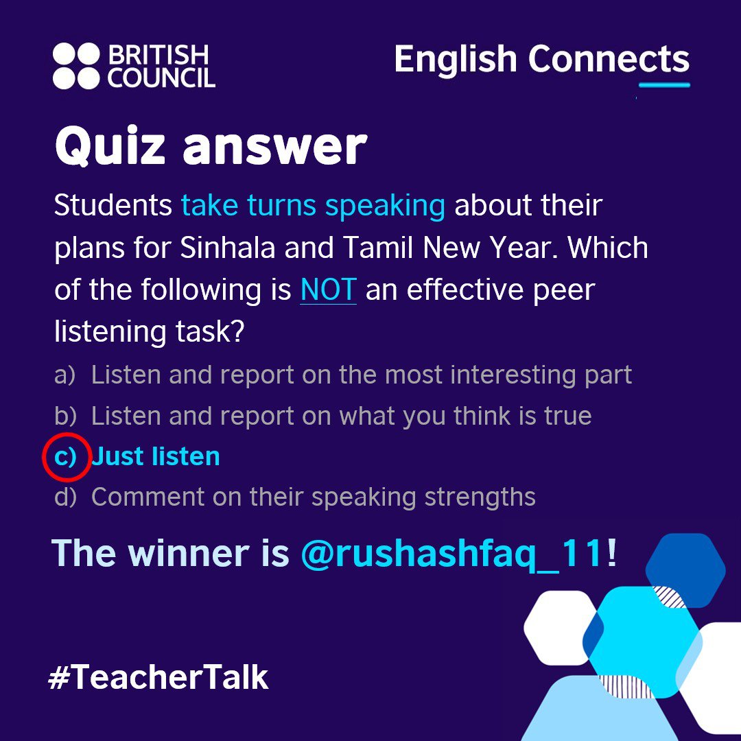 Congratulations @rushashfaq_11 🥳 👂 It is important to set peer listening tasks that get students to focus on what their partners say 🗣️ #QuizOfTheWeek #TeacherTalk #Listening #TeachingEnglish
