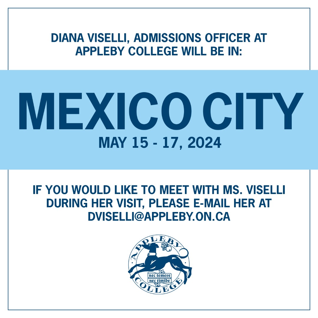 If you would like to meet with Diana Viselli, Admissions Officer, during her visit to Mexico City from May 15 - 17 please send her an e-mail at dviselli@appleby.on.ca. #ApplebyCollege #independentschool #admissions