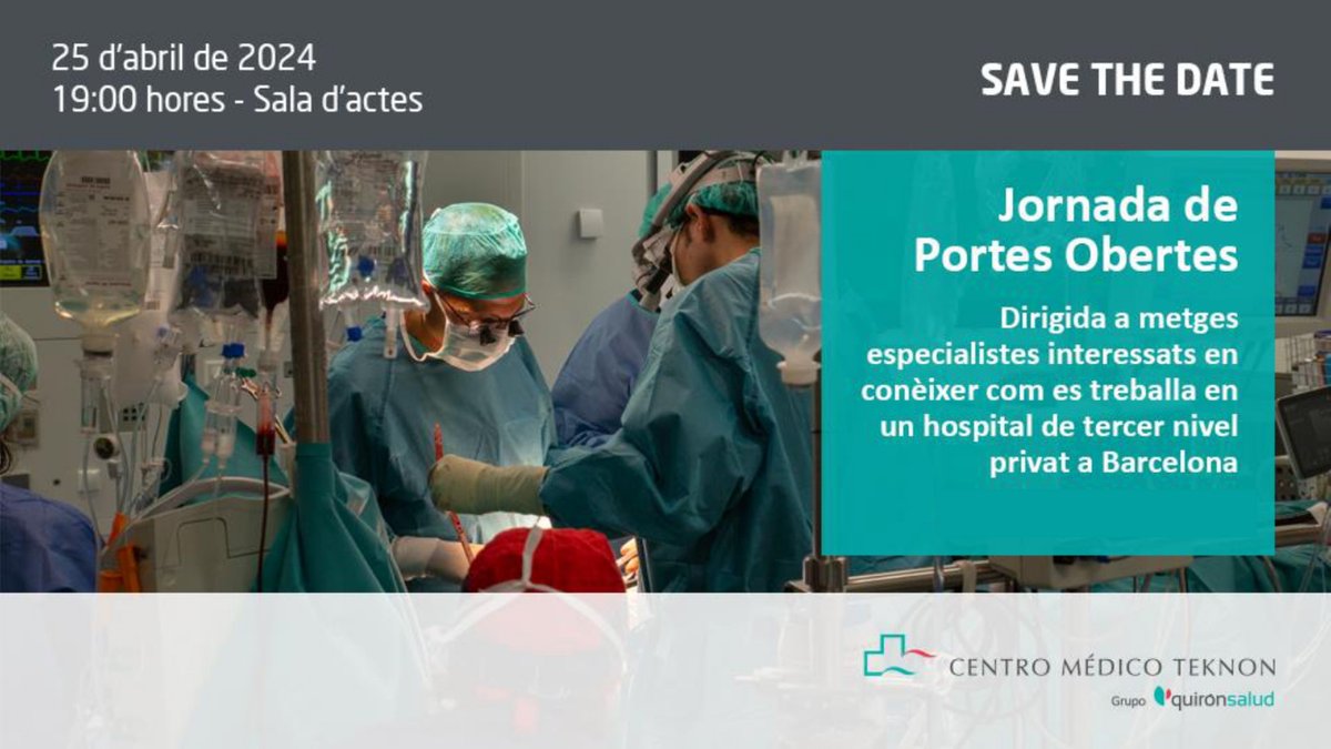 📣 Jornada de Puertas abiertas Centro Médico Teknon‼️

🗓️ 25 de abril 
⏰ 19 h 
📍 Sala de actos 

Dirigida a médicos jóvenes especialistas interesados en conocer cómo se trabaja en un Hospital de tercer nivel privado en Barcelona.

Inscripciones 👉 linke.to/PuertasAbierta…