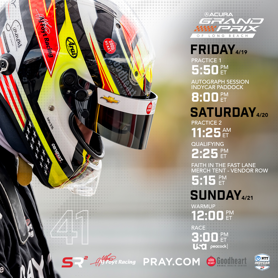 See you at the @GPLongBeach this weekend! Race coverage begins Sunday at 3pm ET on @usanetwork or @peacock. @ajfoytracing // @teamchevy // @indycar // @pray // @goodheartvet @araiamericas // @simmonsFJ // #ForGodsGlory // #TeamSR2 // #AGPLB 📸 @actionsports