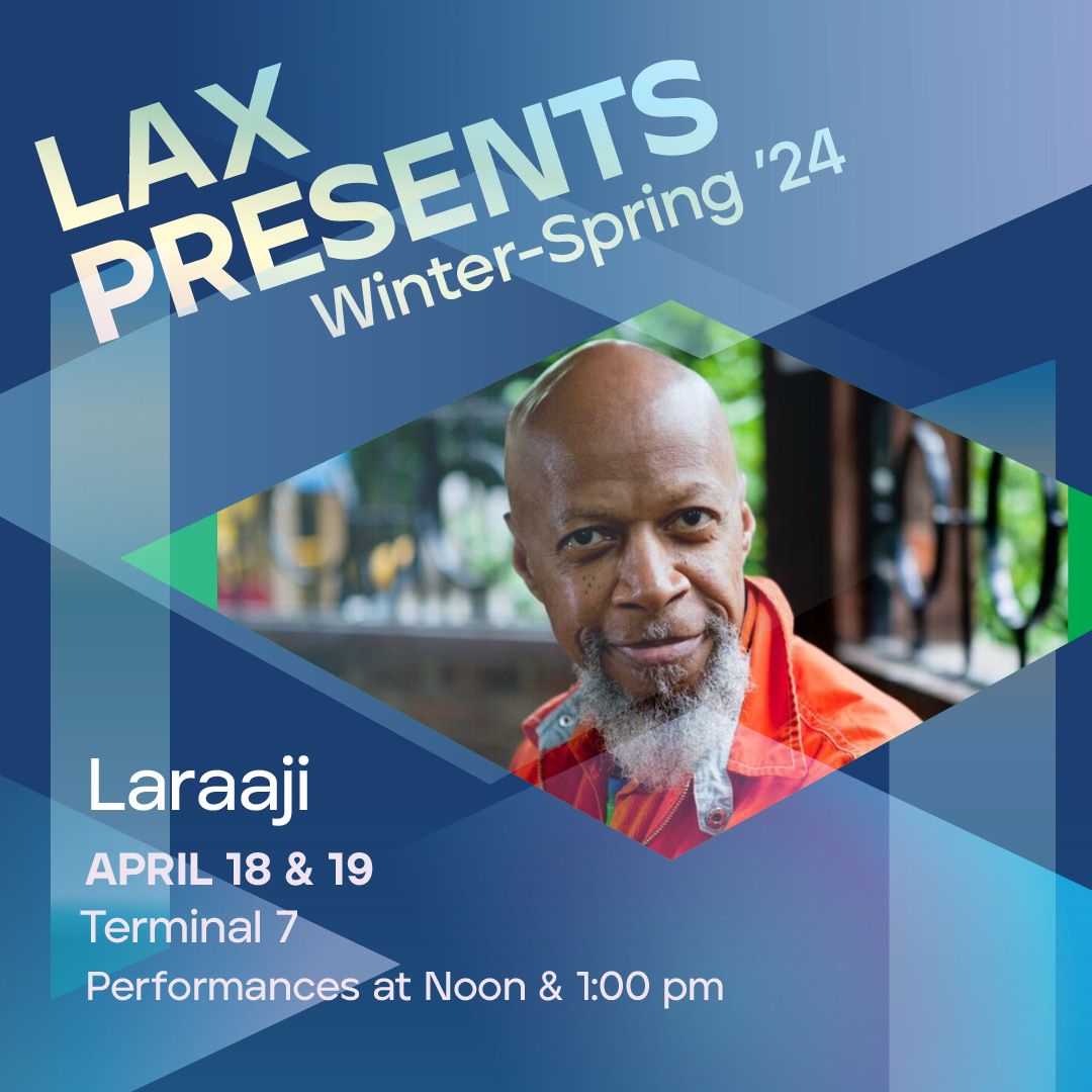 #LAXPresents Laraaji (@laraaji_official), the legendary new-age ambient artist who will perform for ticketed passengers in Terminal 7 on April 18 and 19 at 12 and 1PM. #ArtAtLAX