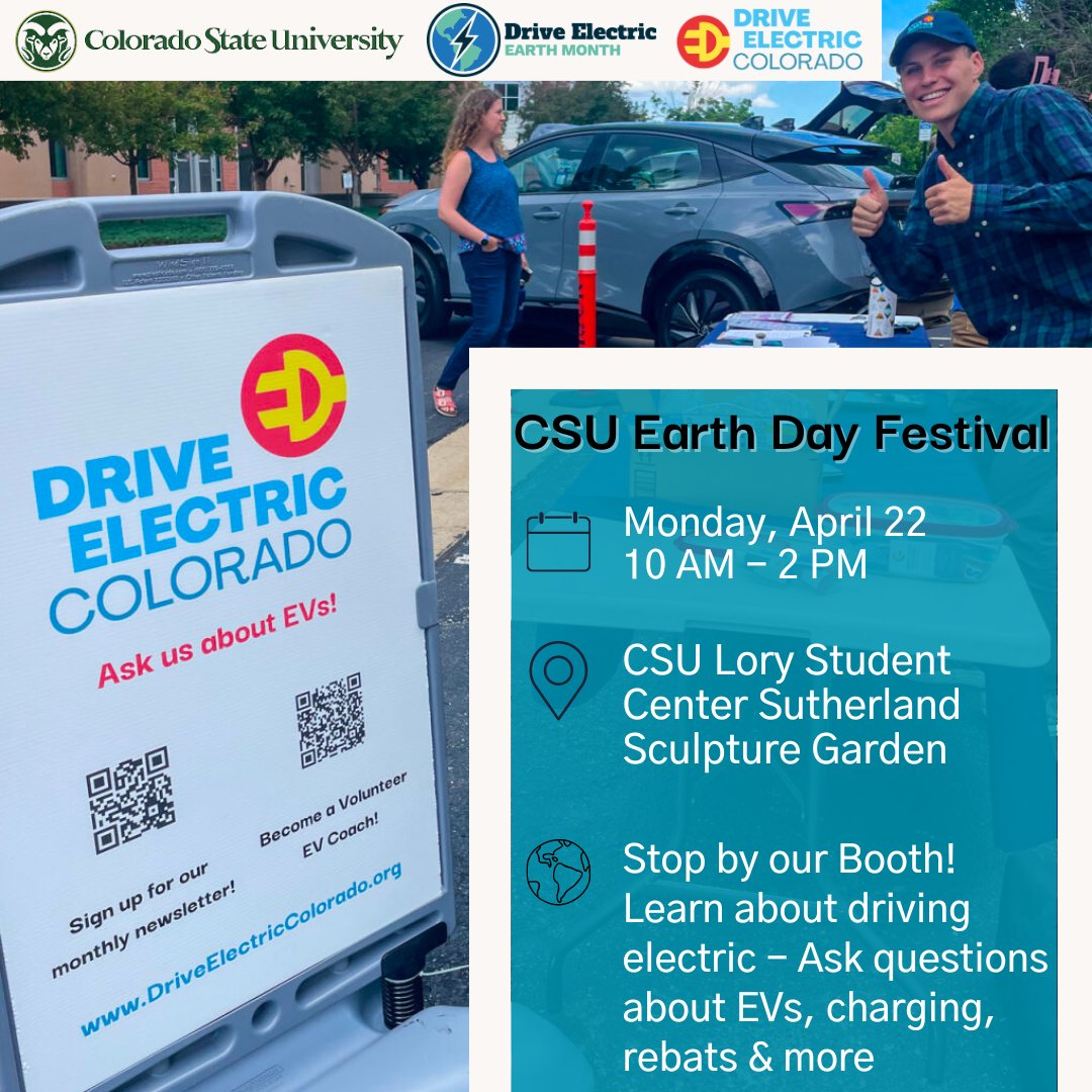 Let's celebrate Earth Day together! Which EVent will we see you at? #DriveElectric #Colorado #EarthDay #DriveElectricEarthMonth #EV #CleanAir #EarthDayEveryday