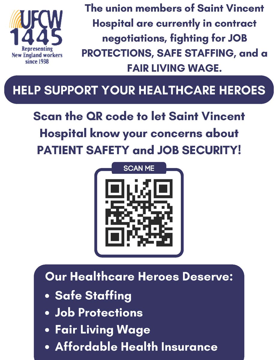 Join the MA AFL-CIO and the Central MA AFL-CIO from 1-2pm tomorrow to support healthcare workers.

<a href="/UFCW1445/">UFCW Local 1445</a> will be handbilling all day tomorrow at St. Vincent Hospital (123 Summer St., Worcester) to advocate for job protections, safe staffing, and a fair wage.