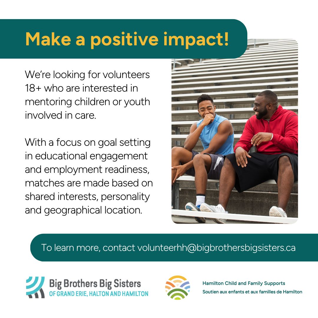 We are partnering with Big Brothers Big Sisters of Grand Erie, Halton and Hamilton to offer mentoring services to children and youth in foster care! To learn more, please contact volunteerhh@bigbrothersbigsisters.ca #HamOnt #YouthinCare #Mentorship #CommunityDriven