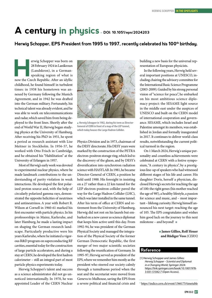 A century in physics: Herwig Schopper celebrated his 100th birthday. He was President of the #EPS from 1995 to 1997.

In the Spotlights in #EuroPhysicsNews of @EuroPhysSoc, issue EPN 55/2, page 7.

epn.eps.org