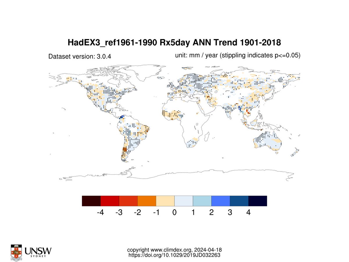 It is claimed by the IPCC and “scientific consensus” that heavy rainfall events are becoming more occurrent on a global scale. From AR6 WG1, Chapter 11: “𝘐𝘯 𝘴𝘶𝘮𝘮𝘢𝘳𝘺, 𝘵𝘩𝘦 𝘧𝘳𝘦𝘲𝘶𝘦𝘯𝘤𝘺 𝘢𝘯𝘥 𝘪𝘯𝘵𝘦𝘯𝘴𝘪𝘵𝘺 𝘰𝘧 𝘩𝘦𝘢𝘷𝘺 𝘱𝘳𝘦𝘤𝘪𝘱𝘪𝘵𝘢𝘵𝘪𝘰𝘯 𝘩𝘢𝘷𝘦…