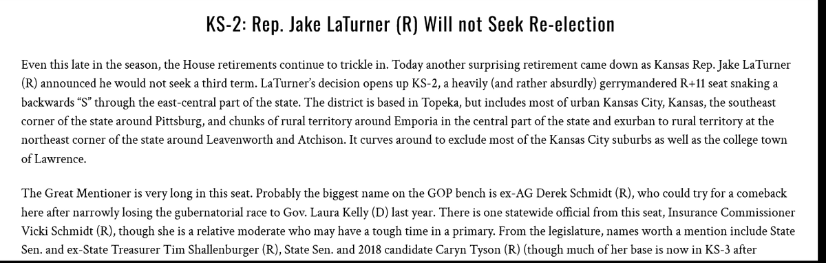 #KS02 Rep. Jake LaTurner (R) is retiring after two terms. We have full analysis and Great Mentioner for this R+11 Topeka-based seat here: rrhelections.com/index.php/2024…