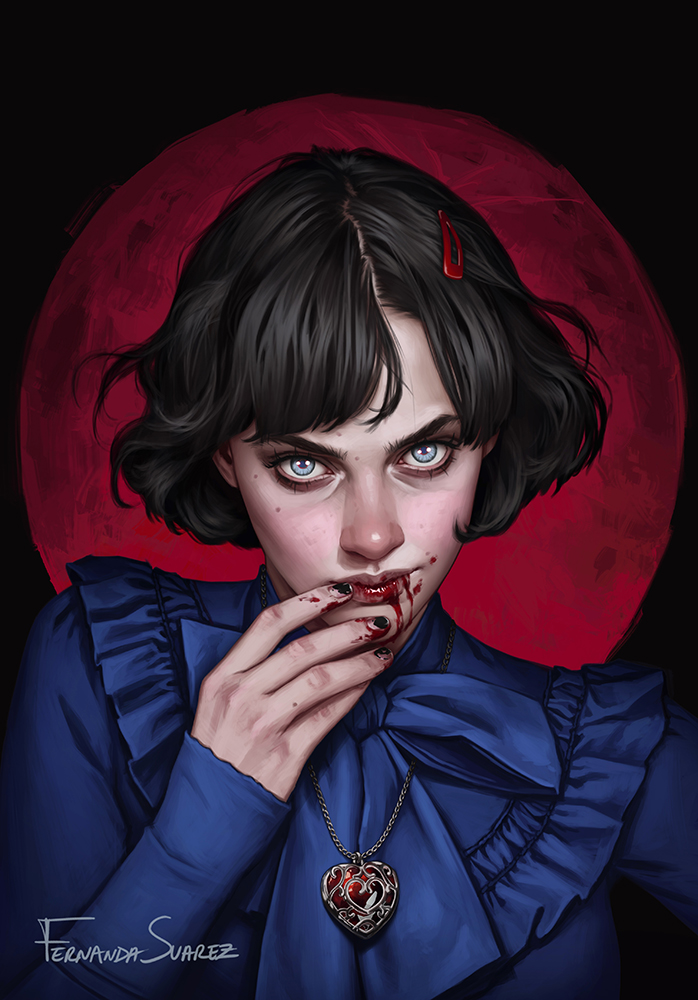 'A curse I cannot lift' New Piece. I will forever love vampires. This is a re-make of my old piece 'Devil Town', more than 15 years layer!, how wild is that. 🌹Portfolio: fernandasuarez.net #art #DigitalArtist #portfolio #painting #characterdesign #bookcover #vampire